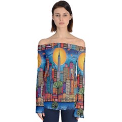 City New York Nyc Skyscraper Skyline Downtown Night Business Urban Travel Landmark Building Architec Off Shoulder Long Sleeve Top by Posterlux