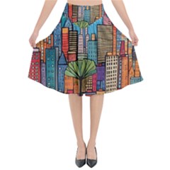 City New York Nyc Skyscraper Skyline Downtown Night Business Urban Travel Landmark Building Architec Flared Midi Skirt by Posterlux