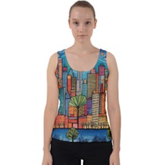 City New York Nyc Skyscraper Skyline Downtown Night Business Urban Travel Landmark Building Architec Velvet Tank Top