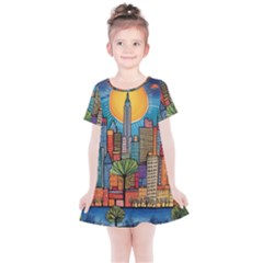 City New York Nyc Skyscraper Skyline Downtown Night Business Urban Travel Landmark Building Architec Kids  Simple Cotton Dress