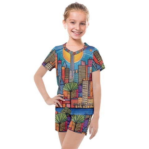 City New York Nyc Skyscraper Skyline Downtown Night Business Urban Travel Landmark Building Architec Kids  Mesh T-shirt And Shorts Set by Posterlux