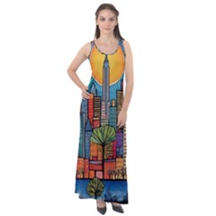 City New York Nyc Skyscraper Skyline Downtown Night Business Urban Travel Landmark Building Architec Sleeveless Velour Maxi Dress