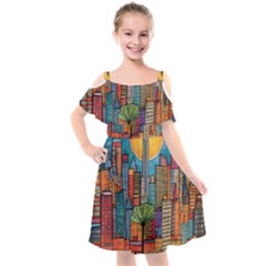 City New York Nyc Skyscraper Skyline Downtown Night Business Urban Travel Landmark Building Architec Kids  Cut Out Shoulders Chiffon Dress