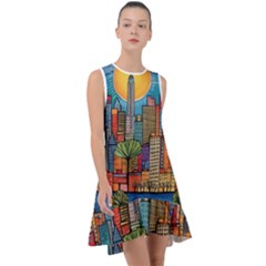 City New York Nyc Skyscraper Skyline Downtown Night Business Urban Travel Landmark Building Architec Frill Swing Dress by Posterlux