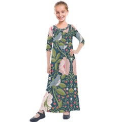 Spring Design With Watercolor Flowers Kids  Quarter Sleeve Maxi Dress