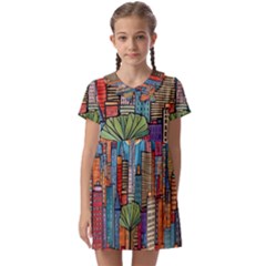 City New York Nyc Skyscraper Skyline Downtown Night Business Urban Travel Landmark Building Architec Kids  Asymmetric Collar Dress