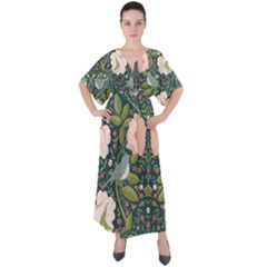 Spring Design With Watercolor Flowers V-neck Boho Style Maxi Dress by AlexandrouPrints