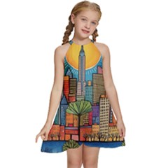 City New York Nyc Skyscraper Skyline Downtown Night Business Urban Travel Landmark Building Architec Kids  Halter Collar Waist Tie Chiffon Dress by Posterlux