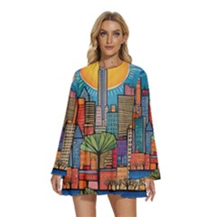 City New York Nyc Skyscraper Skyline Downtown Night Business Urban Travel Landmark Building Architec Round Neck Long Sleeve Bohemian Style Chiffon Mini Dress by Posterlux