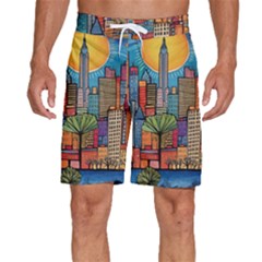 City New York Nyc Skyscraper Skyline Downtown Night Business Urban Travel Landmark Building Architec Men s Beach Shorts