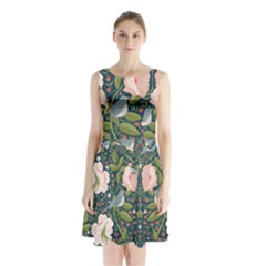 Spring Design With Watercolor Flowers Sleeveless Waist Tie Chiffon Dress