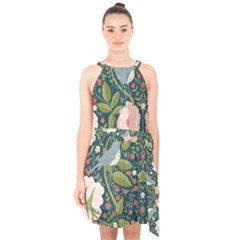 Spring Design With Watercolor Flowers Halter Collar Waist Tie Chiffon Dress by AlexandrouPrints