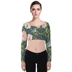 Spring Design With Watercolor Flowers Velvet Long Sleeve Crop Top by AlexandrouPrints