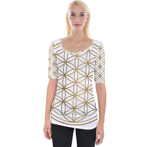 Gold Flower Of Life Sacred Geometry Wide Neckline T-shirt by Maspions