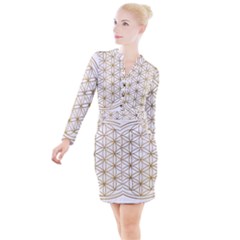 Gold Flower Of Life Sacred Geometry Button Long Sleeve Dress