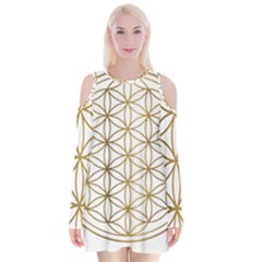 Gold Flower Of Life Sacred Geometry Velvet Long Sleeve Shoulder Cutout Dress