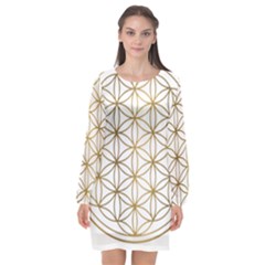 Gold Flower Of Life Sacred Geometry Long Sleeve Chiffon Shift Dress 