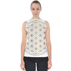 Gold Flower Of Life Sacred Geometry Mock Neck Shell Top by Maspions