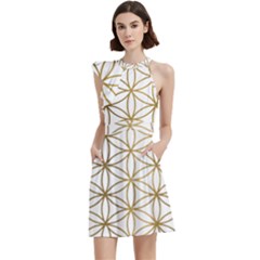 Gold Flower Of Life Sacred Geometry Cocktail Party Halter Sleeveless Dress With Pockets by Maspions