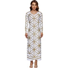 Gold Flower Of Life Sacred Geometry Long Sleeve Longline Maxi Dress