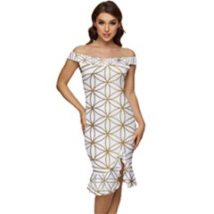 Gold Flower Of Life Sacred Geometry Off Shoulder Ruffle Split Hem Bodycon Dress