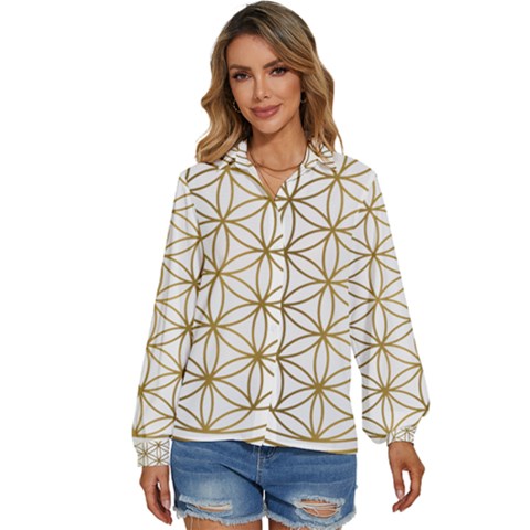 Gold Flower Of Life Sacred Geometry Women s Long Sleeve Button Up Shirt by Maspions