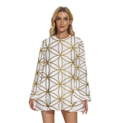 Gold Flower Of Life Sacred Geometry Round Neck Long Sleeve Bohemian Style Chiffon Mini Dress