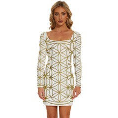 Gold Flower Of Life Sacred Geometry Long Sleeve Square Neck Bodycon Velvet Dress