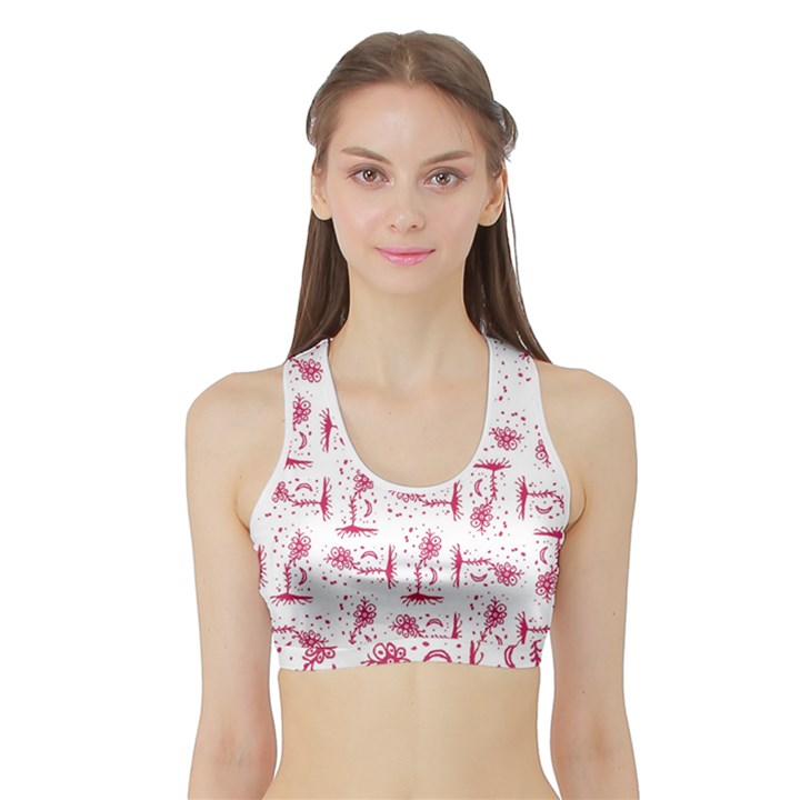 Fantasy Landscape Scene Sketchy Illustration Motif Pattern Wb Sports Bra with Border