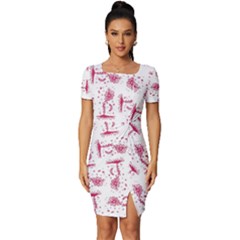 Fantasy Landscape Scene Sketchy Illustration Motif Pattern Wb Fitted Knot Split End Bodycon Dress by dflcprintsclothing