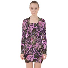 Pink Browning Deer Glitter Camo V-neck Bodycon Long Sleeve Dress by Maspions