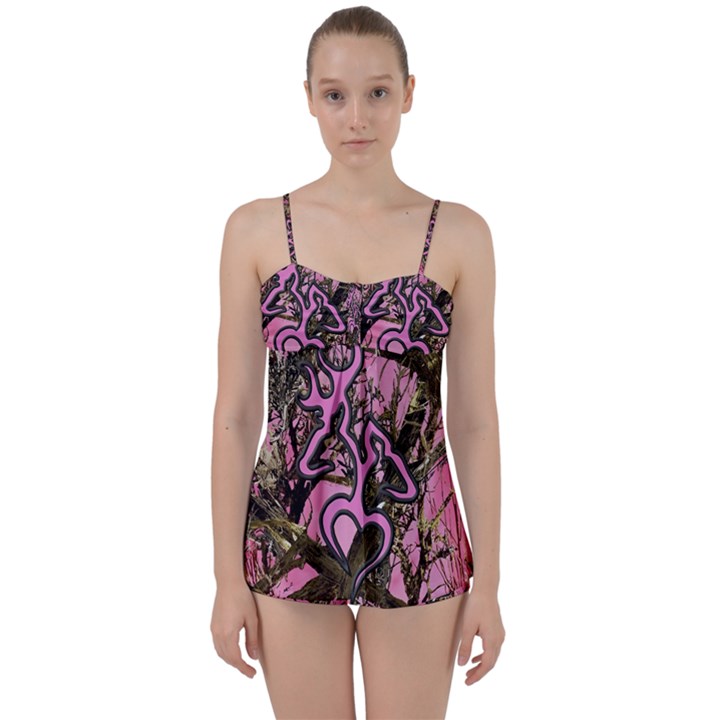 Pink Browning Deer Glitter Camo Babydoll Tankini Set