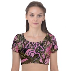 Pink Browning Deer Glitter Camo Velvet Short Sleeve Crop Top 