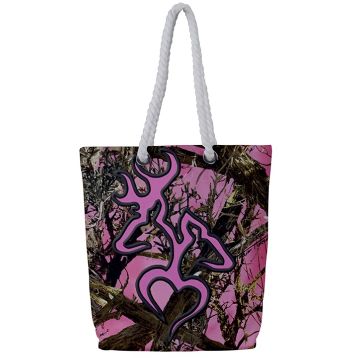 Pink Browning Deer Glitter Camo Full Print Rope Handle Tote (Small)