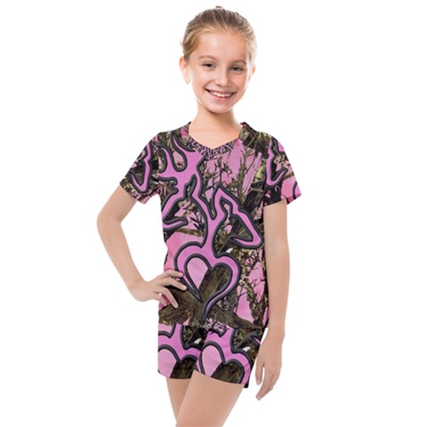 Pink Browning Deer Glitter Camo Kids  Mesh T-shirt And Shorts Set by Maspions