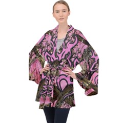 Pink Browning Deer Glitter Camo Long Sleeve Velvet Kimono  by Maspions