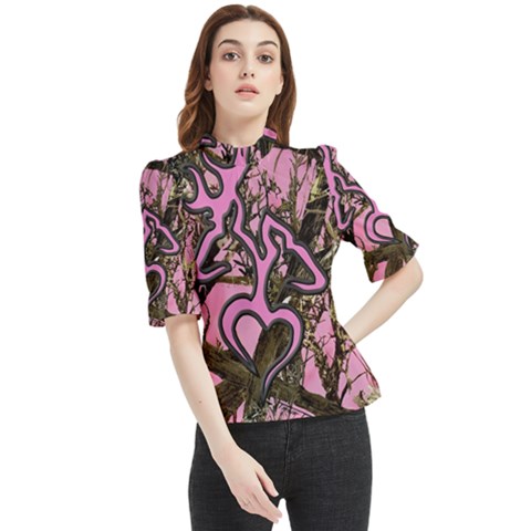 Pink Browning Deer Glitter Camo Frill Neck Blouse by Maspions