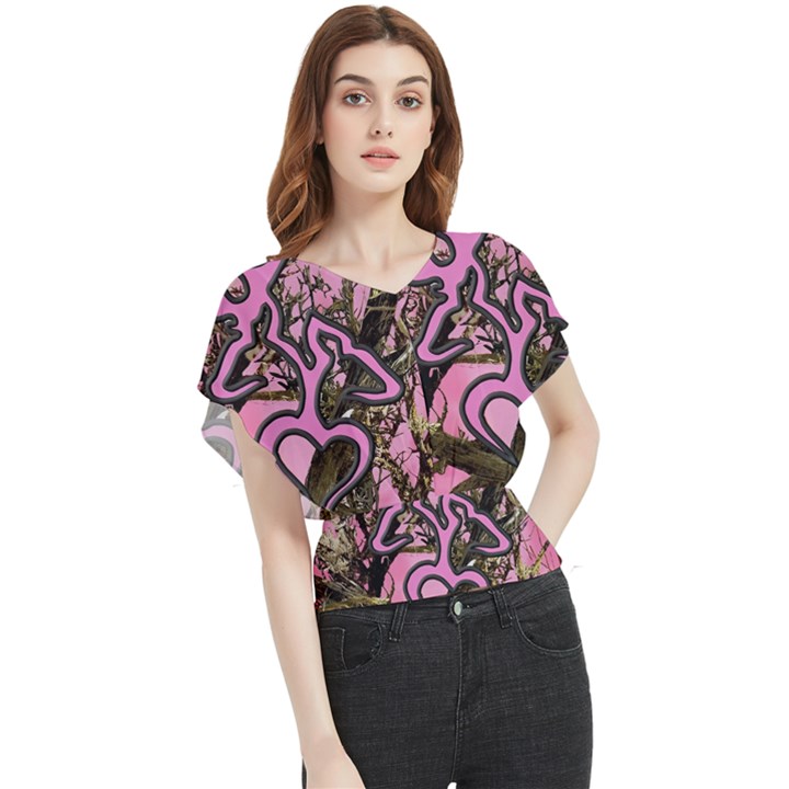 Pink Browning Deer Glitter Camo Butterfly Chiffon Blouse