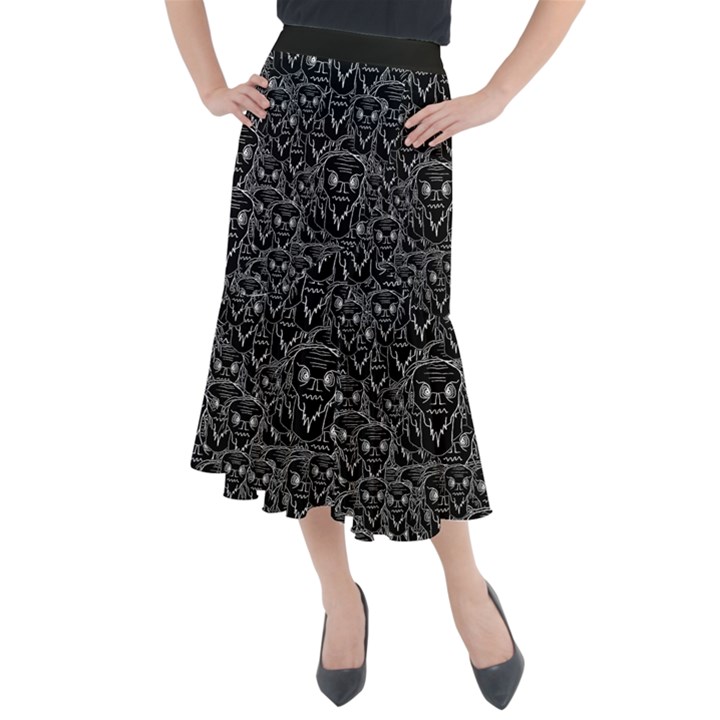 Old man monster motif black and white creepy pattern Midi Mermaid Skirt