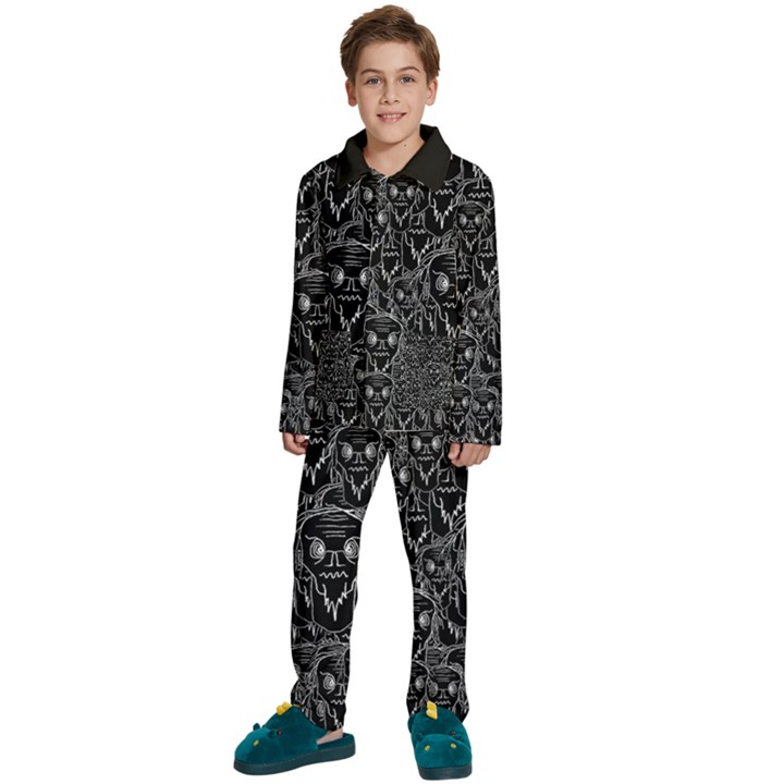 Old man monster motif black and white creepy pattern Kids  Long Sleeve Velvet Pajamas Set