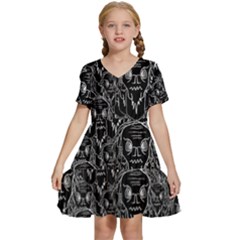 Old Man Monster Motif Black And White Creepy Pattern Kids  Short Sleeve Tiered Mini Dress by dflcprintsclothing