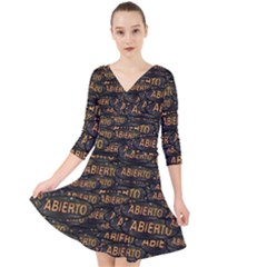 Abierto Neon Lettes Over Glass Motif Pattern Quarter Sleeve Front Wrap Dress