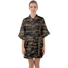 Abierto Neon Lettes Over Glass Motif Pattern Half Sleeve Satin Kimono 