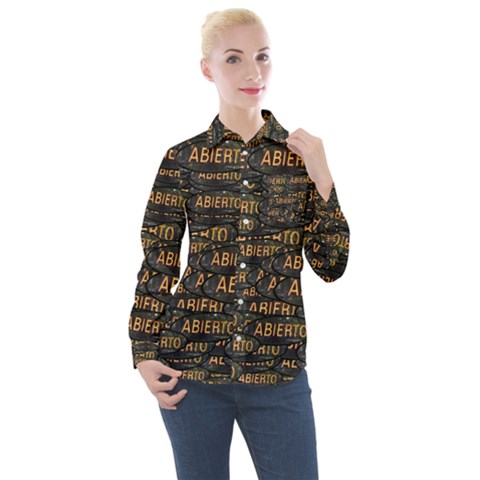 Abierto Neon Lettes Over Glass Motif Pattern Women s Long Sleeve Pocket Shirt by dflcprintsclothing