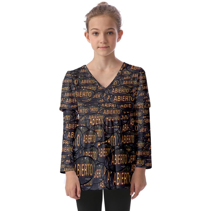 Abierto neon lettes over glass motif pattern Kids  V Neck Casual Top