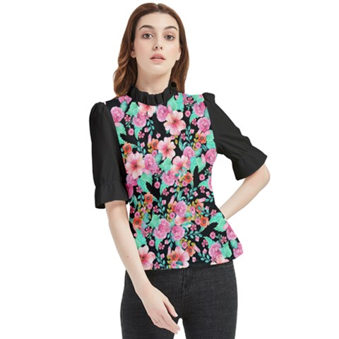 Flower Black Pink Frill Neck Blouse by flowerland