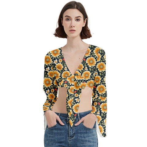 Flower 120424 Trumpet Sleeve Cropped Top by zappwaits