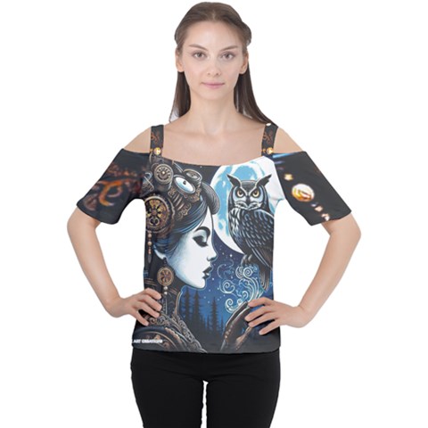 Steampunk Woman With Owl 2 Steampunk Woman With Owl Woman With Owl Strap Cutout Shoulder T-shirt by CKArtCreations