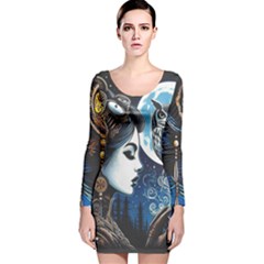 Steampunk Woman With Owl 2 Steampunk Woman With Owl Woman With Owl Strap Long Sleeve Velvet Bodycon Dress