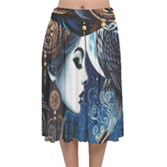 Steampunk Woman With Owl 2 Steampunk Woman With Owl Woman With Owl Strap Velvet Flared Midi Skirt